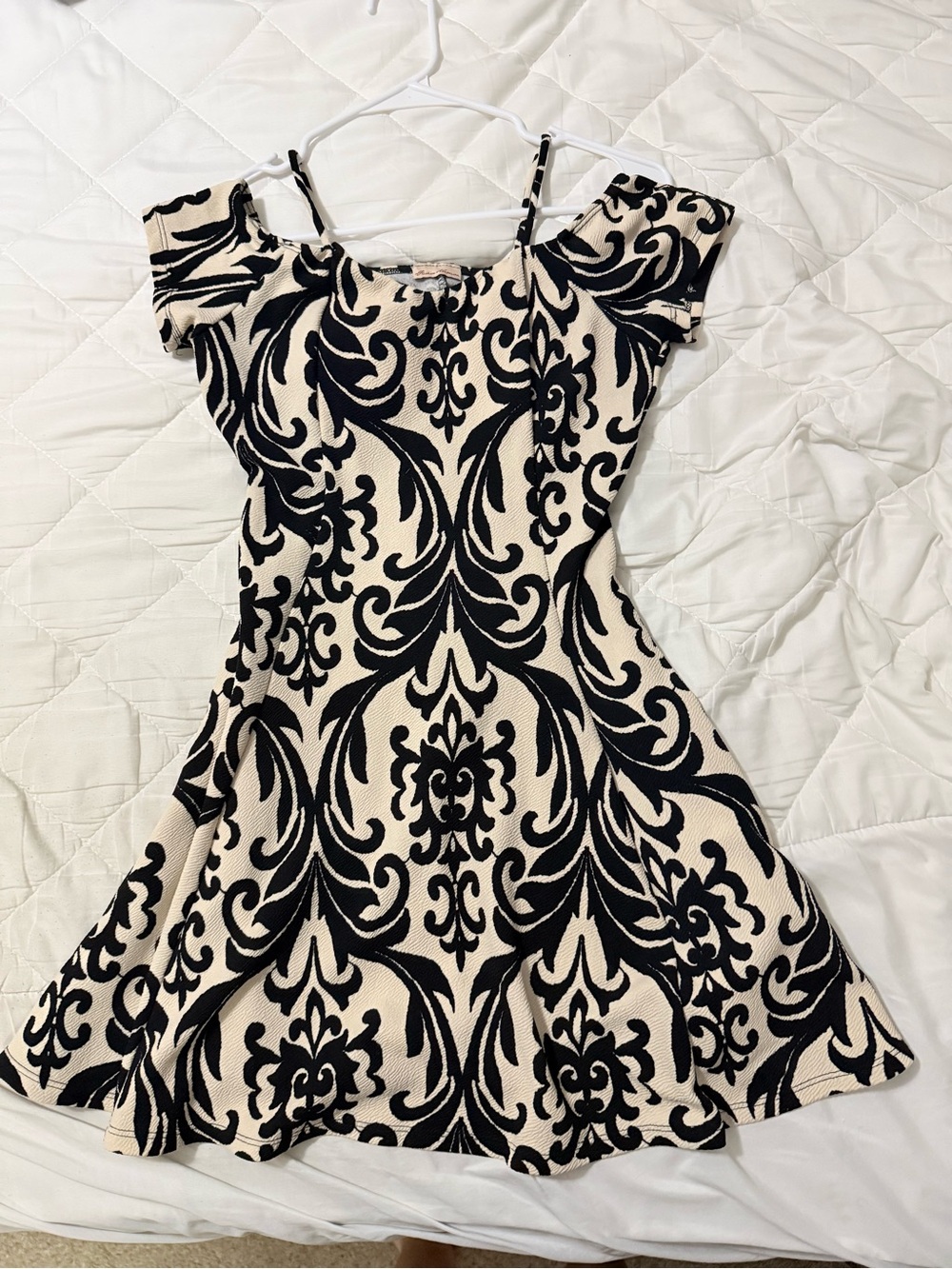 Cream & Black Baroque Cold Shoulder Fit & Flare Dress